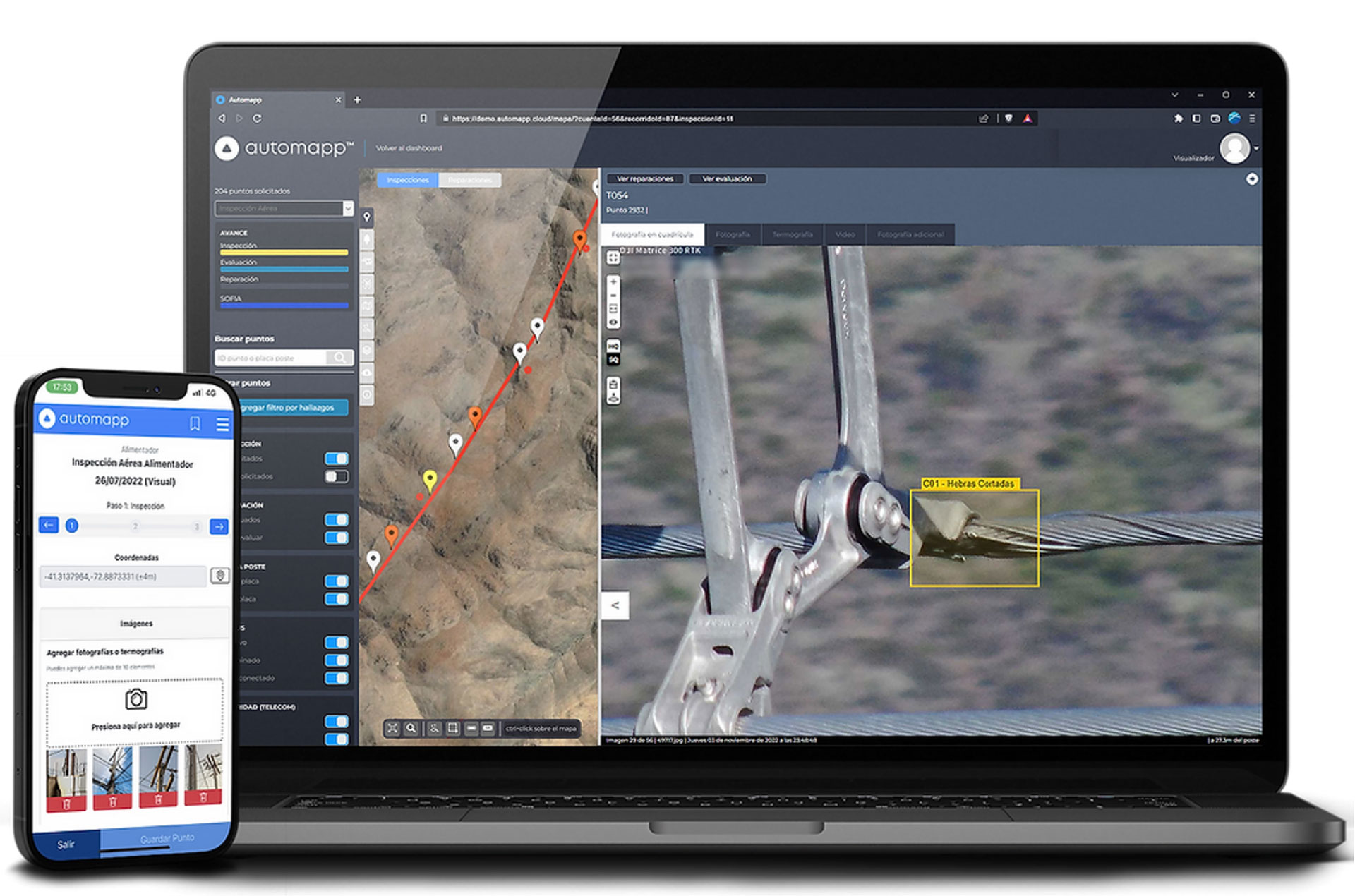 Dashboard Automapp Cloud mostrando hallazgos de inspección priorizados