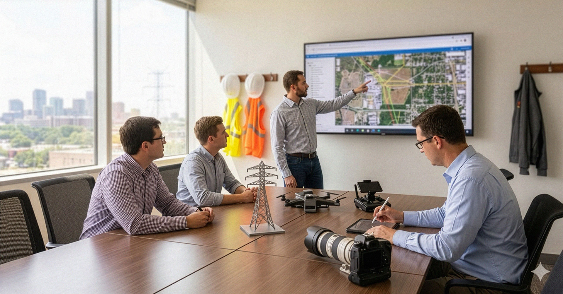Ingenieros eléctricos analizando datos de transmisión